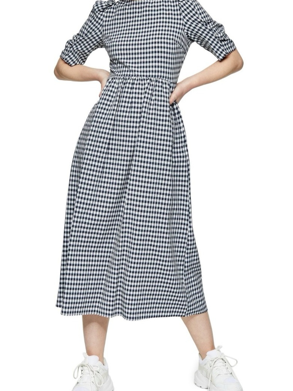 Topshop Navy and White Gingham Puff Sleeve Dress